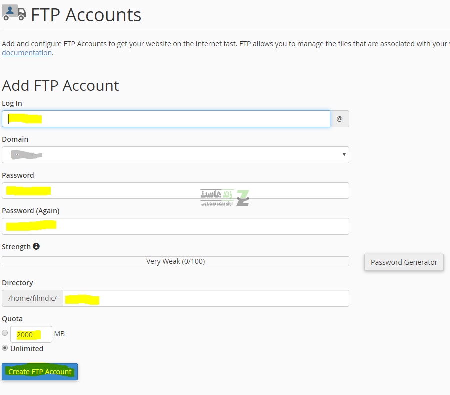 ایجاد اکانت FTP